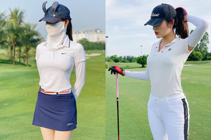 Khi đi ra sân golf, cô không quên đội mũ, đeo khẩu trang đầy đủ để bảo vệ làn da khỏi những tác động của ánh nắng mặt trời