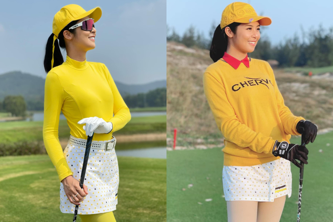 So với đàn em, Hoa hậu sinh năm 1989 ưu ái những thiết kế có màu sắc nổi bật, rực rỡ, giúp cô trở nên thu hút hơn trên sân golf.