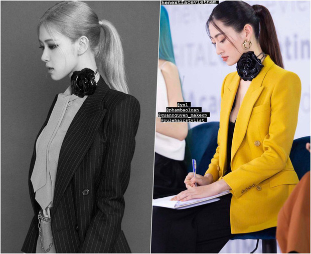 Set đồ của cô nàng được cho là lấy cảm hứng từ Rosé BLACKPINK - đại sứ thương hiệu toàn cầu của Saint Laurent. Thậm chí Lương Thùy Linh còn học cả kiểu tóc buộc đuôi ngựa của cô ca sĩ Hàn Quốc.