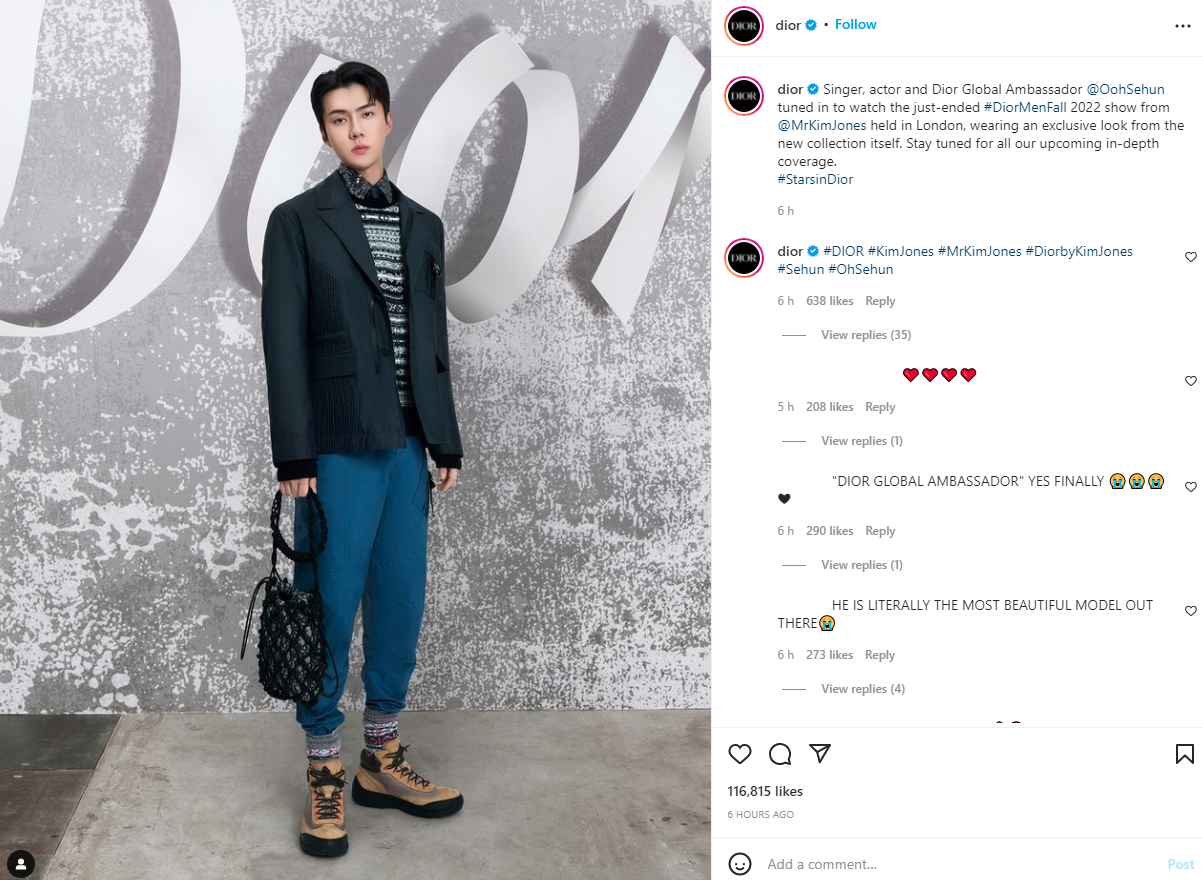 Dior đã chính thức nâng hạng của Oh Sehun từ Đại sứ tại Hàn Quốc thành Đại sứ toàn cầu. Điều này càng củng cố thêm vị trí vững chắc của anh chàng trong làng thời trang