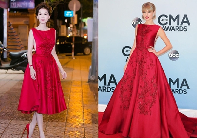 Chiếc đầm đỏ của Taylor Swift bỗng dưng có phiên bản ngắn tại Việt Nam. Chiếc váy của Ngọc Trinh giống tới 90% thiết kế của cô ca sĩ Mỹ chỉ khác chiều dài.