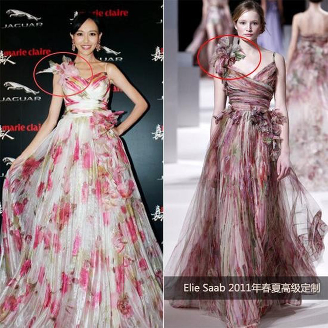 Còn ở Cbiz, nữ diễn viên Đường Yên thậm chí bị netizen 'chỉ điểm' việc thường xuyên mặc đồ nhái của Elie Saab. Những mẫu thiết kế đạo nhái của cô không đạt tới độ hoa mỹ, tinh xảo như sáng tạo gốc.