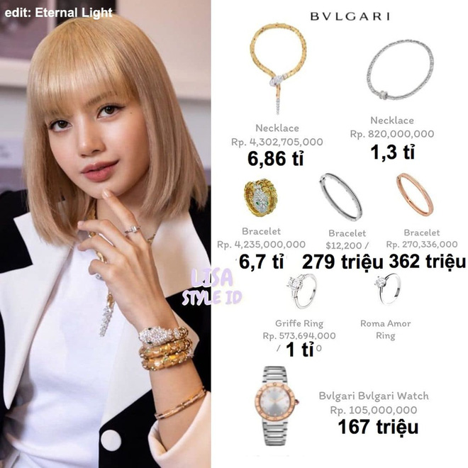 Bên cạnh chiếc vòng cổ bạc 1,3 tỷ đồng, vòng cổ rắn vàng có giá lên đến 6,86 tỷ đồng, nữ idol còn sử dụng thêm một loạt đồng hồ, nhẫn các loại, lắc tay,... xa xỉ khác.