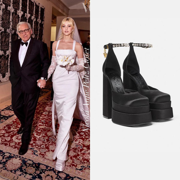 Cô nàng hoàn thành set đồ của mình bằng đôi giày platform của Versace.