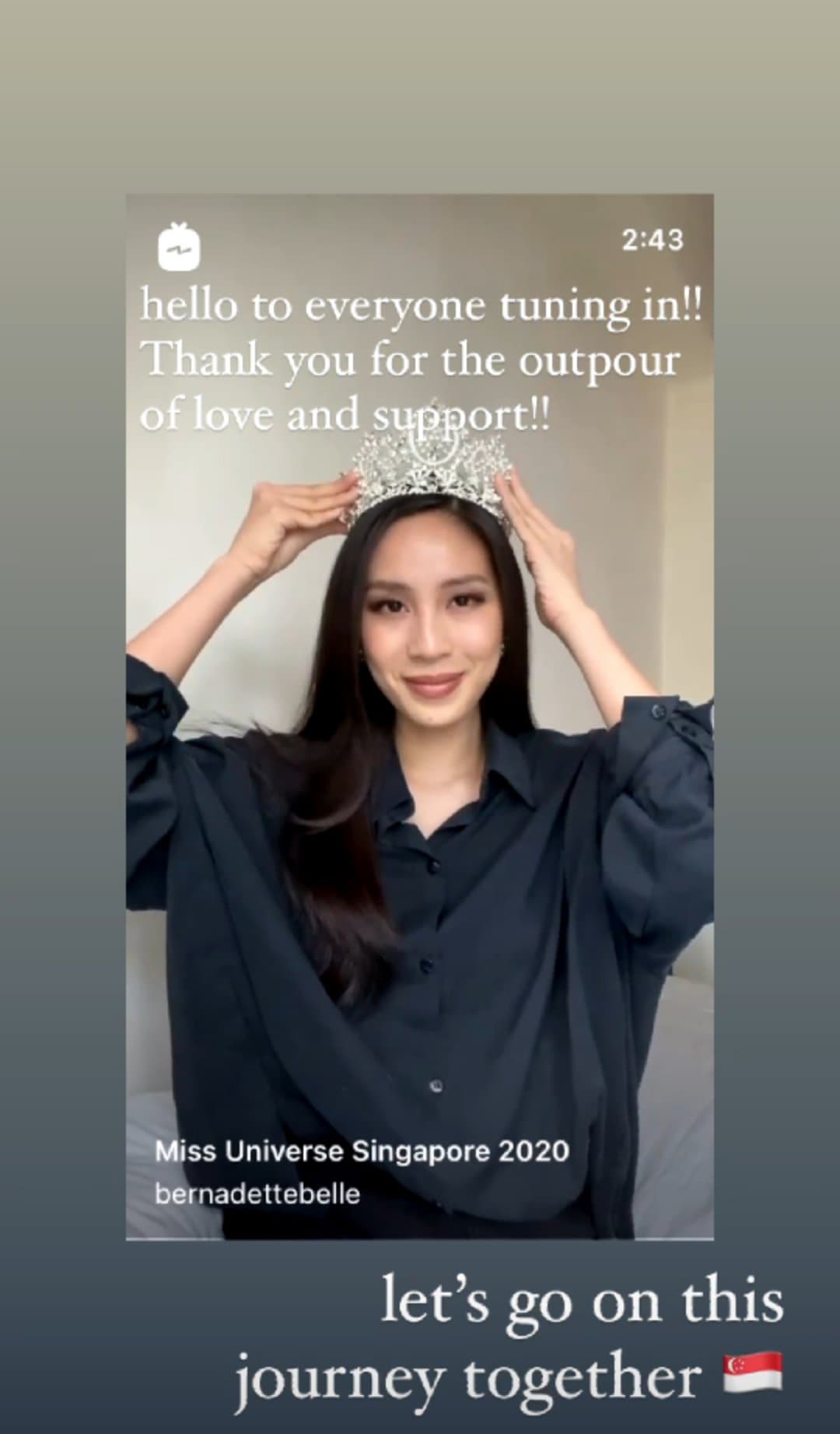 Cô đội vương miện và gửi lời cảm ơn tới khán giả thông qua Instagram.