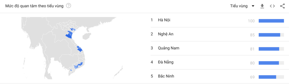 Theo ghi nhận của Google, các khu vực địa lý gồm: Hà Nội, Nghệ An, Quảng Nam, Đà Nẵng, Bắc,... lần lượt là những địa phương có lượng người dùng Internet tìm kiếm nhiều nhất về 'người hùng cứu bé gái 2 tuổi rơi tầng 12 chung cư'.