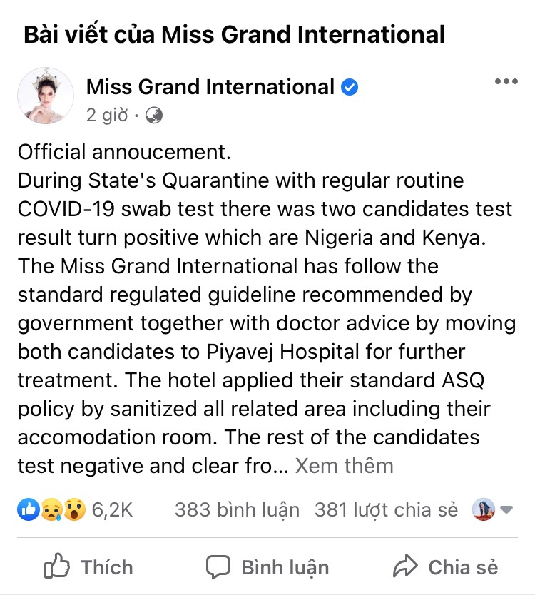 Bải đăng trên fanpage chính thức của Miss Grand International 2020