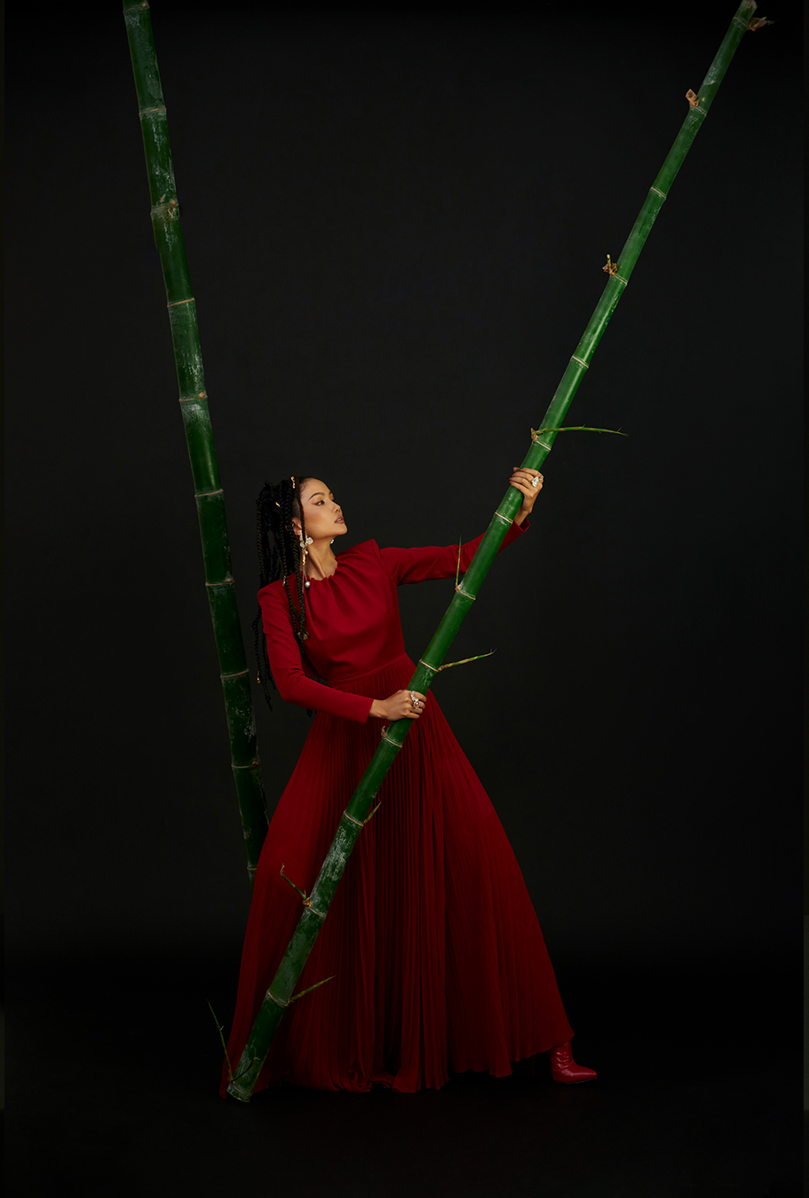 Bộ trang phục đỏ rực cùng hình ảnh vượt qua những rào cản (ẩn dụ thông qua hình ảnh cây tre) của người phụ nữ.