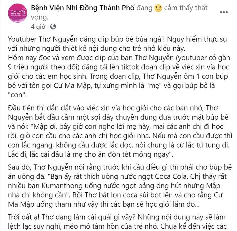 Fanpage của Bệnh viên Nhi đồng Thành phố Hồ Chí Minh chia sẻ quan điểm về clip 'xin vía học giỏi' của Youtuber Thơ Nguyễn nhanh chóng nhận được sự quan tâm của dư luận