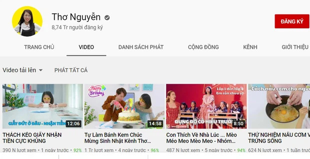 Kênh Youtube của Thơ Nguyễn là 1 trong 5 kênh sở hữu lượt theo dõi khủng nhất Việt Nam, với đối tượng hầu hết là trẻ em