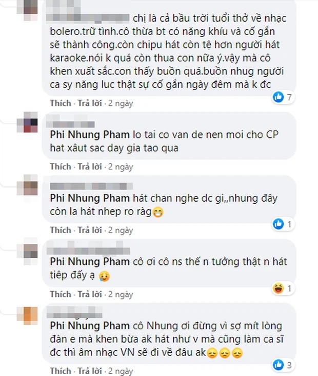 Bên dưới bài đăng của Phi Nhung, khán giả liên tục bày tỏ sự thất vọng vì lời khen của cô dành cho Chi Pu