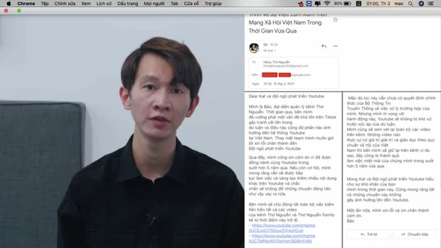 Quản lý của Thơ Nguyễn công khai mail nhận hết trách nhiệm về phía mình.