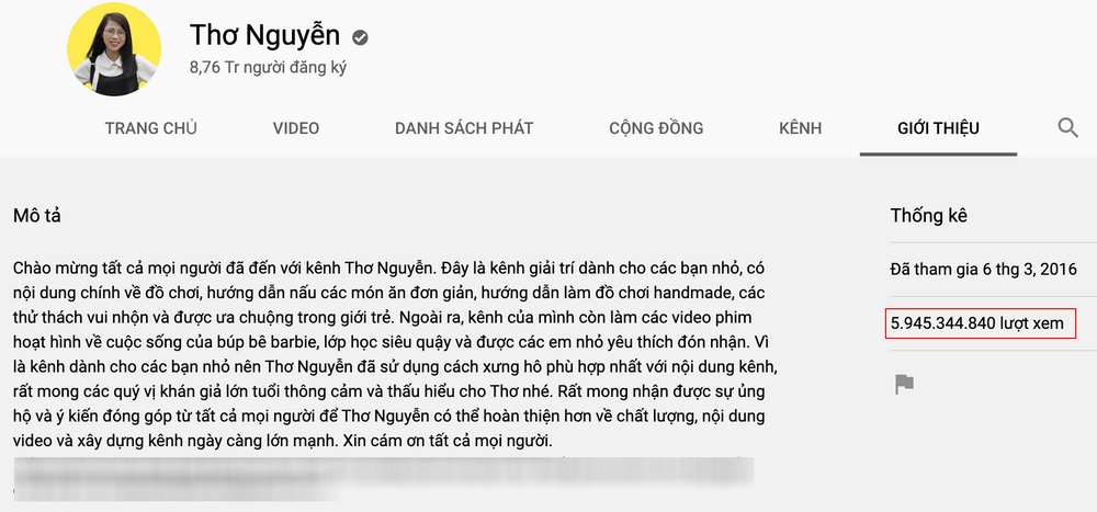Trước khi đưa ra thông báo ẩn video, tắt kiếm tiền trên kênh của mình, thơ Nguyễn chỉ còn 5 tỷ 954 triệu lượt xem