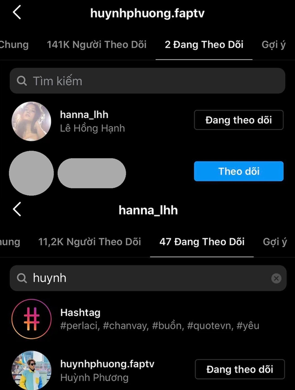 Trên Instagram cá nhân, Huỳnh Phương vẫn theo dõi Lê Hồng Hạnh