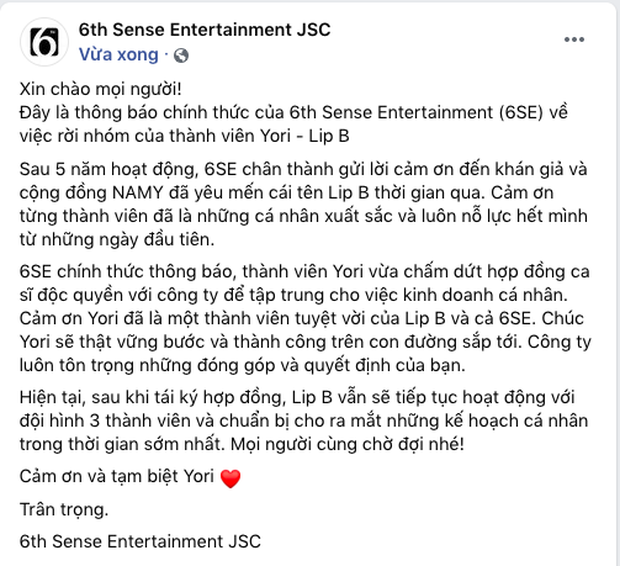 Bài đăng thông báo chính thức về việc thành viên Yori chấm dứt hợp đồng ca sĩ độc quyền trên fanpage công ty 6th Sense