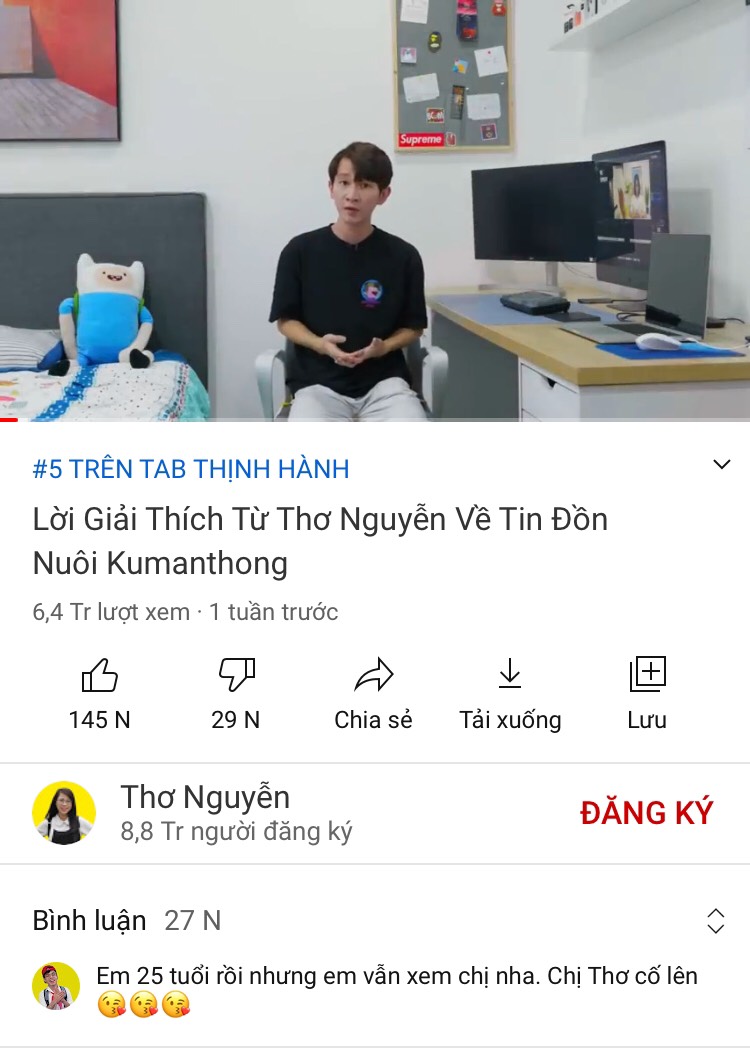 Video 'Lời giải thích từ Thơ Nguyễn về tin đồn nuôi Kumanthong' cũng theo sát tại vị trí thứ 5 với hơn 6,4 triệu lượt xem