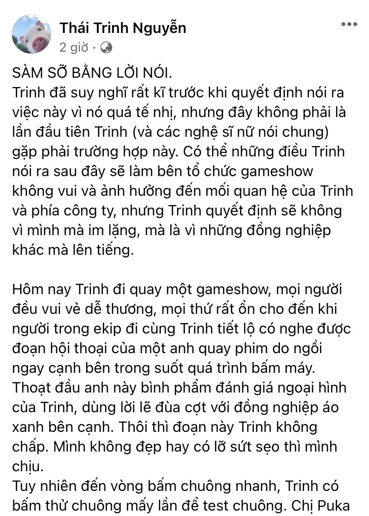 Bài đăng rất dài chia sẻ về việc bị thóa mạ, xúc phạm trên trang cá nhân của Thái Trinh