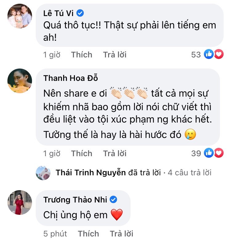 Bên dưới bài đăng, diễn viên Tú Vi, stylist Pông Chuẩn và ca sĩ Thảo Nhi đều lên tiếng ủng hộ nữ ca sĩ