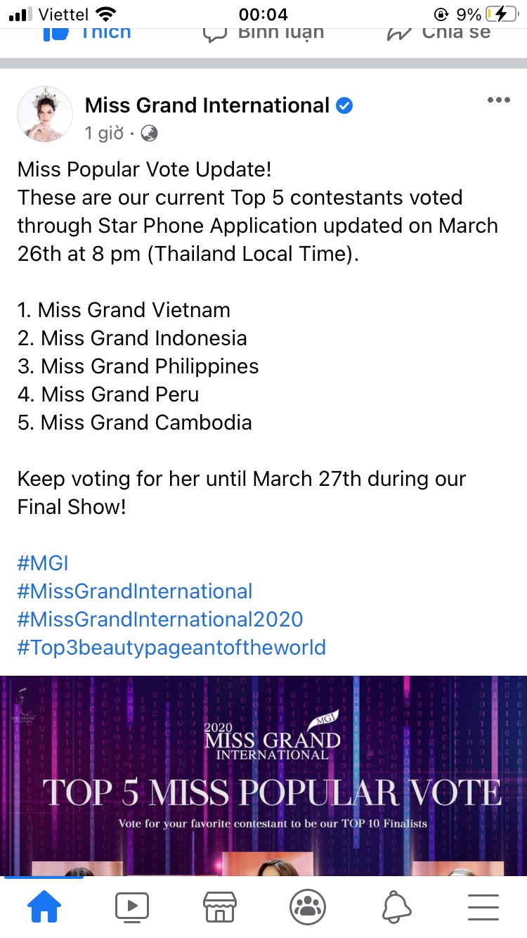 Danh sách top 5 'Thí sinh được yêu thích nhất' trên trang chủ chính thức của Miss grand International