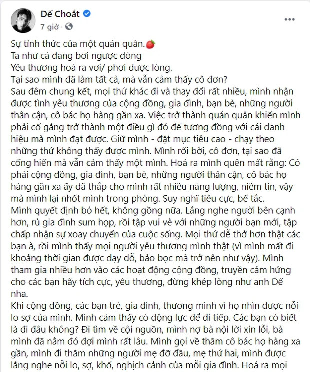 Bài đăng dài của Dế Choắt được đăng tải trên trang cá nhân