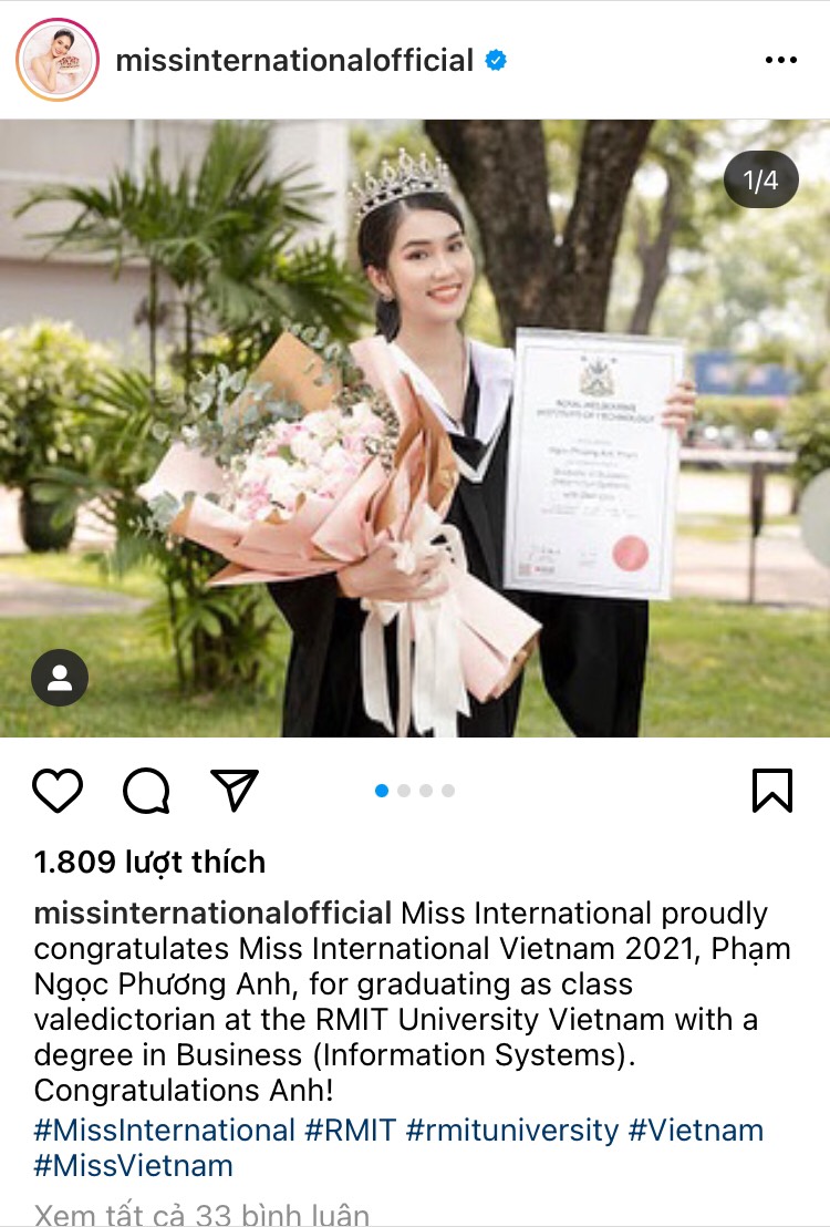 Bài viết về Á hậu Phương Anh trên tài khoản Instagram của Miss International
