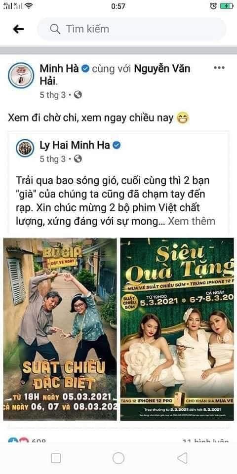 Trước đó, vợ chồng Lý Hải - Minh Hà liên tục quảng bá bộ phim của Trấn Thành trên cả fanpage lẫn tài khoản cá nhân