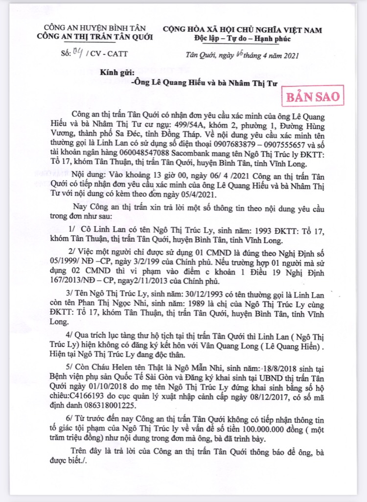 Công văn làm việc của cơ quan công an do gia đình Vân Quang Long chia sẻ