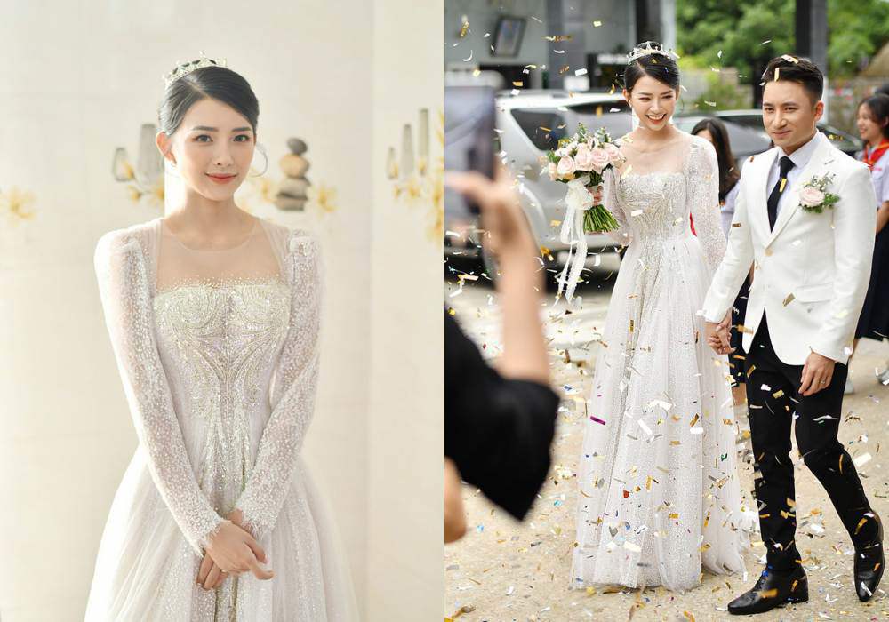 Váy cưới của Khánh Vy được thiết kế theo dáng A-line, bằng những chất liệu cao cấp và tinh tế