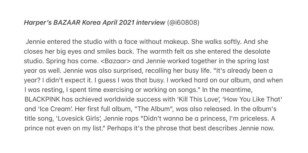 Jennie cũng khẳng định mình độc thân trong bài trả lời phỏng vấn tạp chí Harper's Bazaar