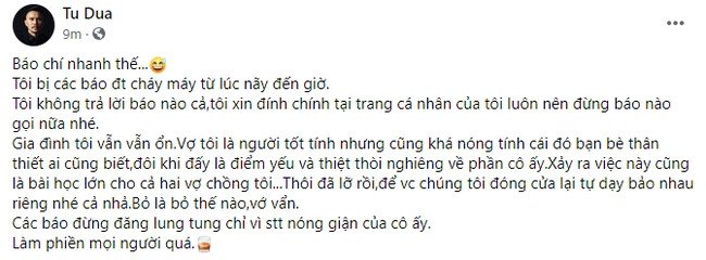 Bài đăng mới đây được ca sĩ Tú Dưa đăng tải, chia sẻ về ồn ào vừa xảy ra với vợ