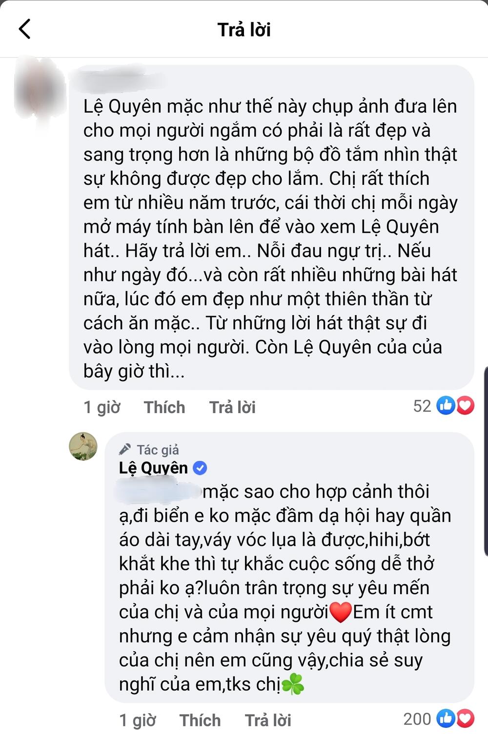 Lệ Quyên đã không ngần ngại trả lời bình luận của người hâm mộ khi bị chê bai về gu ăn mặc