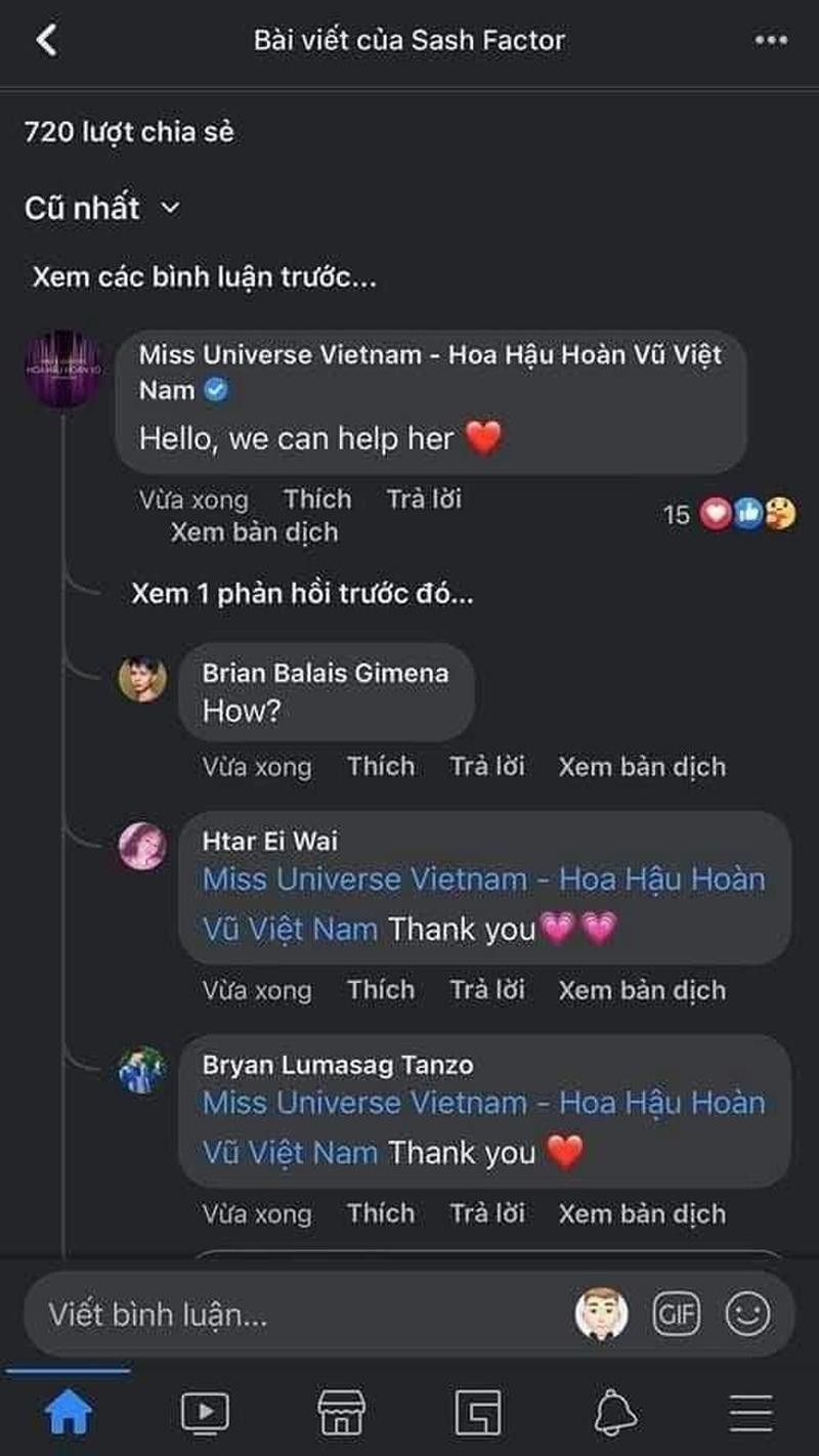 Phía Hoa hậu Hoàn vũ Việt Nam ngỏ lời giúp đỡ đại diện đến từ Myanmar
