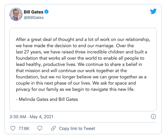 Dòng trạng thái thông báo ly hôn được chính tỷ phú Bill Gates đăng tải vào ngày 3/5.