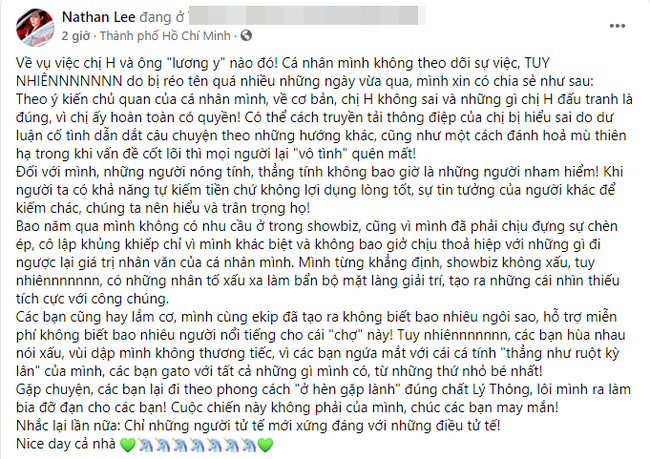 Bài đăng dài của Nathan Lee tỏ ý bênh vực bà Phương Hằng