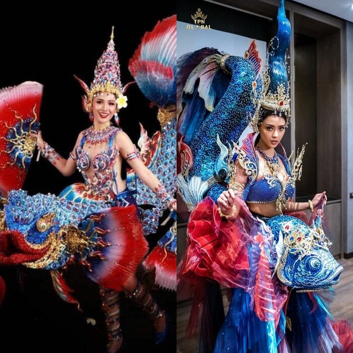 Bộ Quốc phục của Hoa hậu Hòa bình Quốc tế Lào (trái) và Quốc phục của Hoa hậu Hoàn vũ Thái Lan (phải) có những sự tương đồng cả về màu sắc lẫn thiết kế