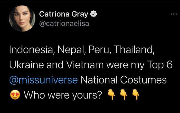 Miss Universe 2018 Catriona Gray xếp Khánh Vân trong top 6 trang phục dân tộc yêu thích nhất