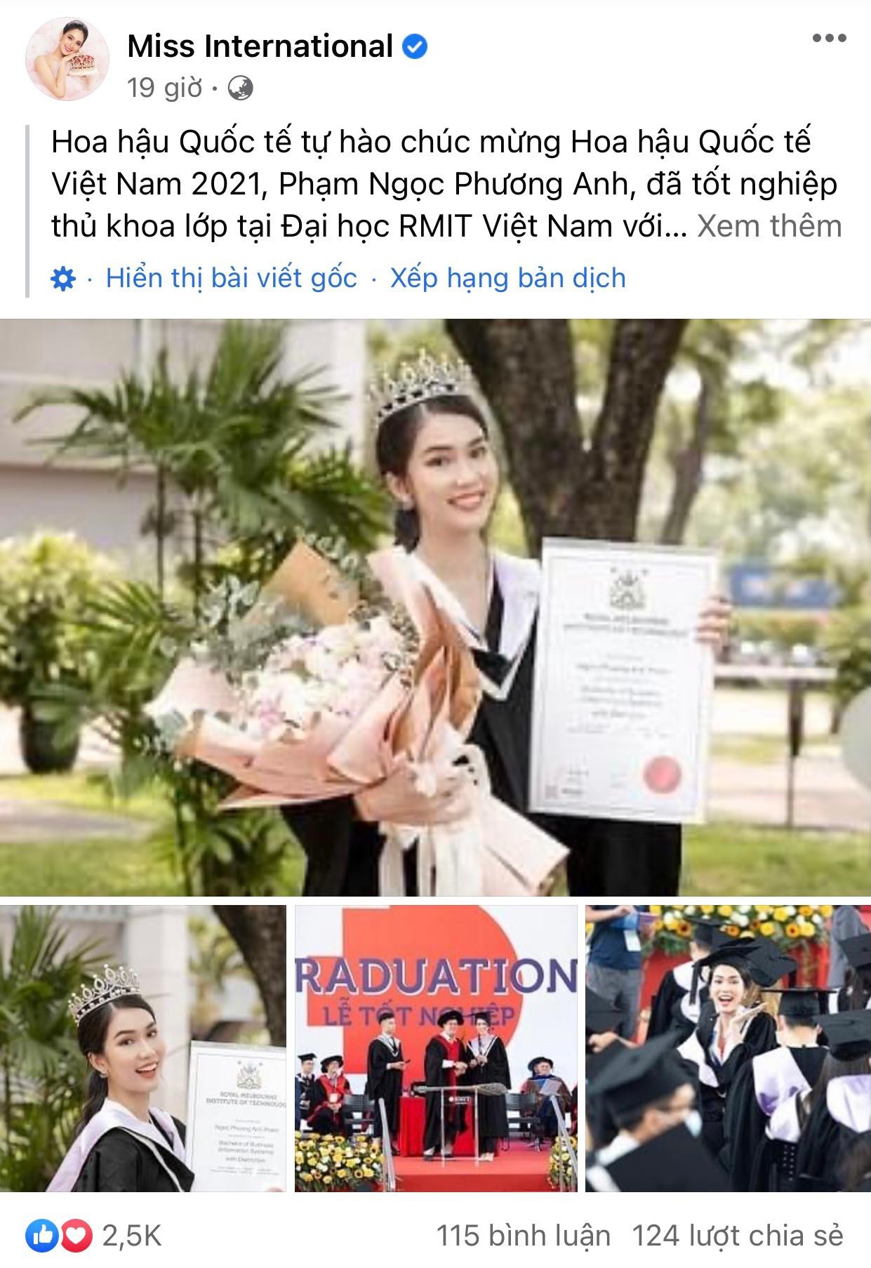 Trang chủ chính thức của Miss International gửi lời chúc mừng Á hậu Phương Anh khi cô trở thành thủ khoa của Miss International