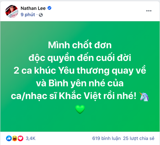 Vừa mua độc quyền 4 ca khúc do nhạc sĩ Nguyễn Văn Chung sáng tác, Nathan Lee tiếp tục 'chốt đơn' 2 ca khúc tiếp theo của Khắc Việt