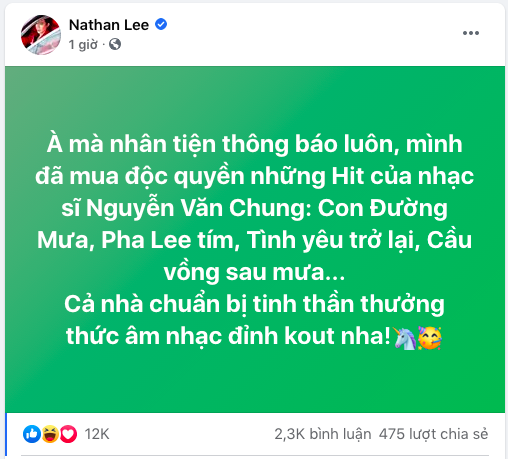 Nathan Lee tuyên bố mua 4 ca khúc đình đám một thời của Cao Thái Sơn, được sáng tác bởi nhạc sĩ Nguyễn Văn Chung
