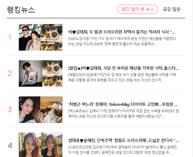 Bữa ăn tối của Bi Rain và Kim Tae Hee nhanh chóng leo lên top 1 cổng thông tin lớn nhất Hàn Quốc
