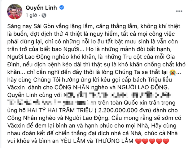 Bài viết chia sẻ của MC Quyền Linh đăng tải trên mạng xã hội