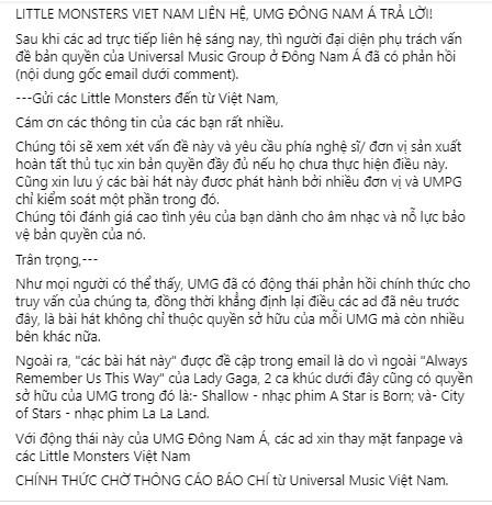 Thông tin được fandom Lady Gaga Việt Nam đăng tải cách đây không lâu