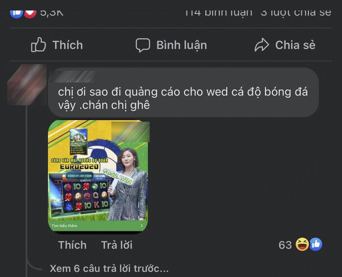 Cư dân mạng bày tỏ sự thất vọng khi cho rằng Văn Mai Hương quảng cáo cho ứng dụng cá độ trá hình
