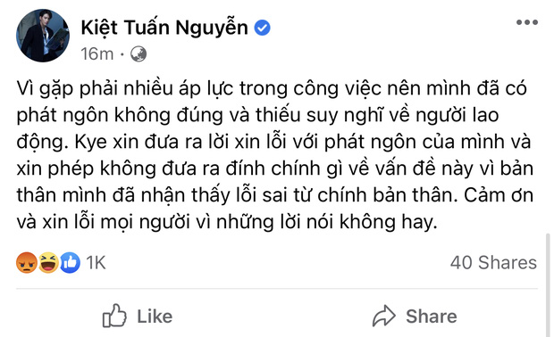 Lời xin lỗi được Kye Nguyễn đưa ra sau phát ngôn gây tranh cãi