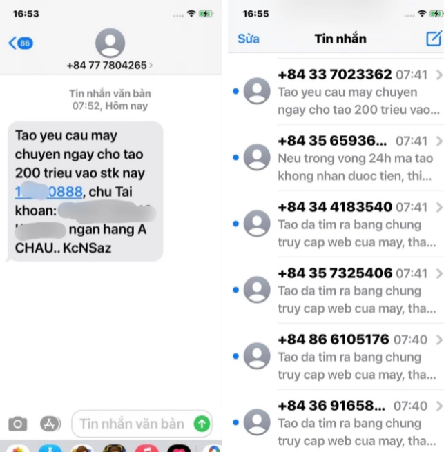 Hình ảnh nghệ sĩ Đức Hải chia sẻ những tin nhắn 'tống tiền' mình, đều yêu cầu anh chuyển tiền đến số tài khoản có tên 'Nham Hoang Khang'