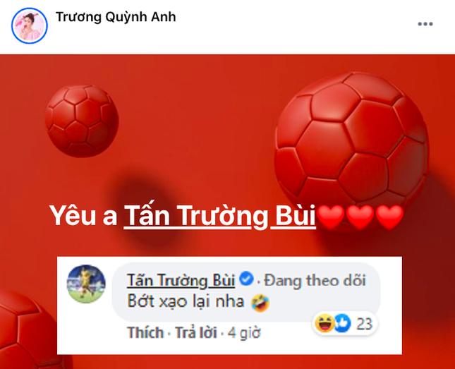 Trương Quỳnh Anh công khai thể hiện tình cảm với thủ môn Bùi Tấn Trường trên trang cá nhân