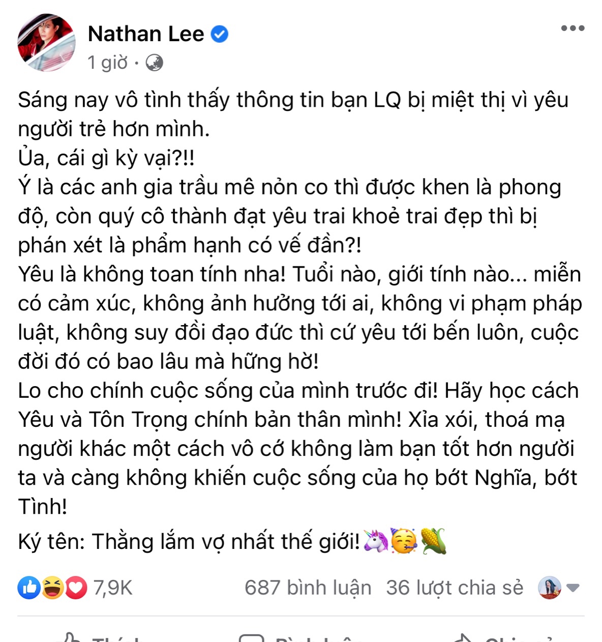 Bài đăng của Nathan Lee bày tỏ quan điểm bênh vực Lệ Quyên