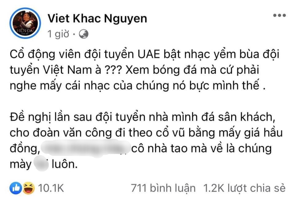 Ca sĩ Khắc Việt bày tỏ thái độ gay gắt trước màn cổ vũ có phần 'cồng kềnh' của cổ động viên đội tuyển UAE