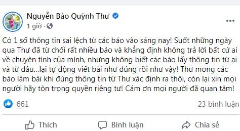 Quỳnh Thư bày tỏ quan điểm khi chuyện tình cảm bị đồn thổi