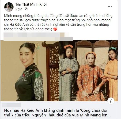 Tôn Thất Minh Khôi bày tỏ mong muốn Hoa hậu Hà Kiều Anh cẩn trọng hơn với lịch sử